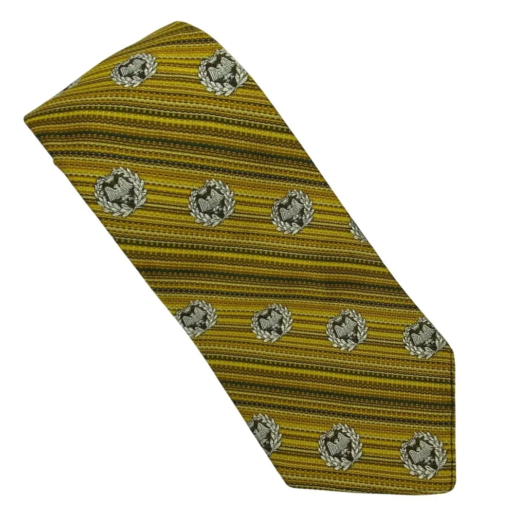 RIVETZ‎ OF BOSTON Mens Silk Tie Gold Striped Crest Pattern Classic Jacquard VTG